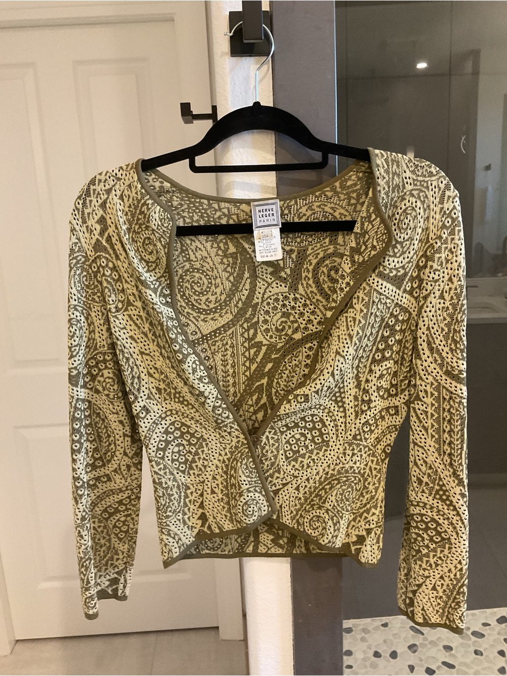 Herve Leger Olive Paisley Cardigan. Made in France.